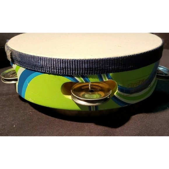 First Act Wooden Tambourine 6" Green Blue & White - Picture 1 of 6